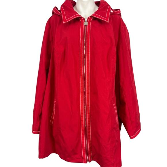 Dennis Basso Womens Red Hooded Softshell Mid Lenth Trench Coat Jacket sz 3X - Picture 1 of 16